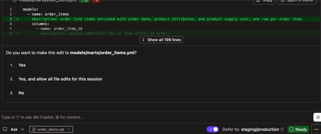 The Developer agent in Ask mode, requesting approval before making file edits.